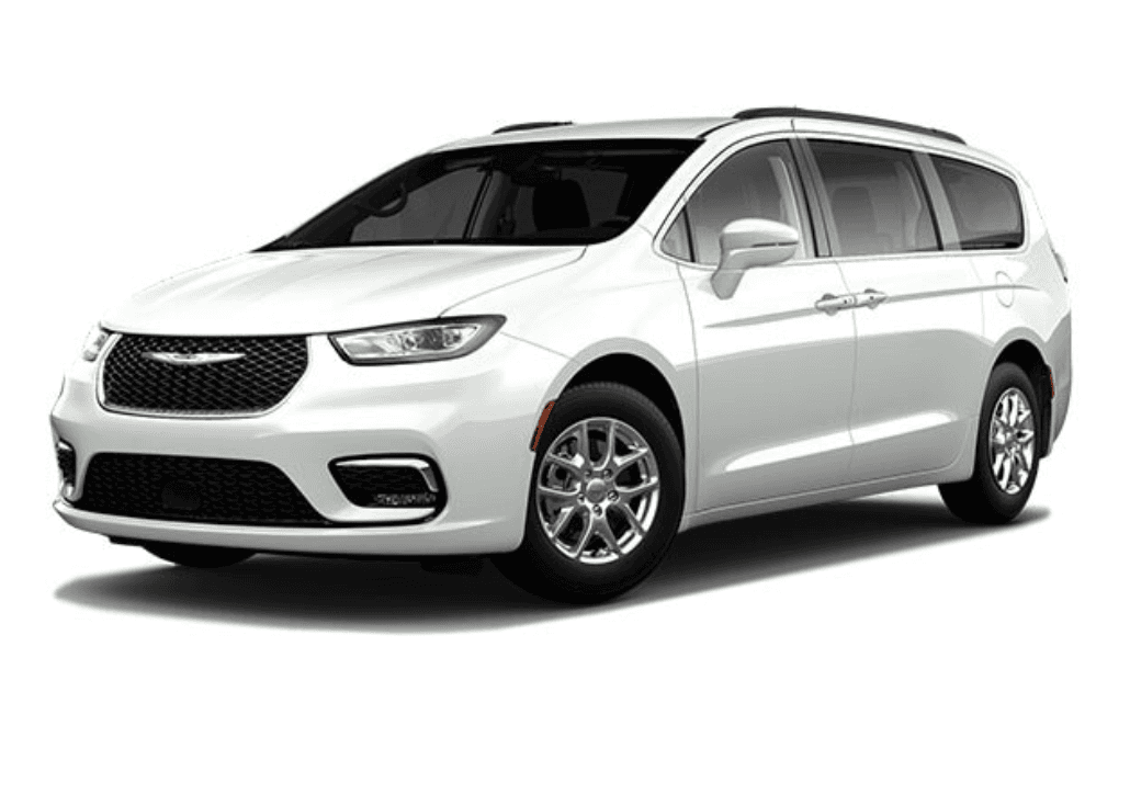 Manufacturer image of the base vehicle before conversion: a Chrysler Pacifica Touring-L in Bright White, front three-quarter view, with no ramp or lowered floor fitted