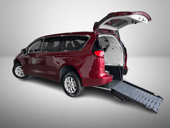 A Sidewinder rear-entry conversion with the foldout ramp deployed at the back of the van